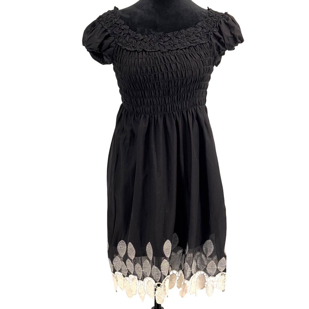 Vtg Max Edition Smocked Dress Womens L Floral Embroidery Hem Milkmaid Peasant‎